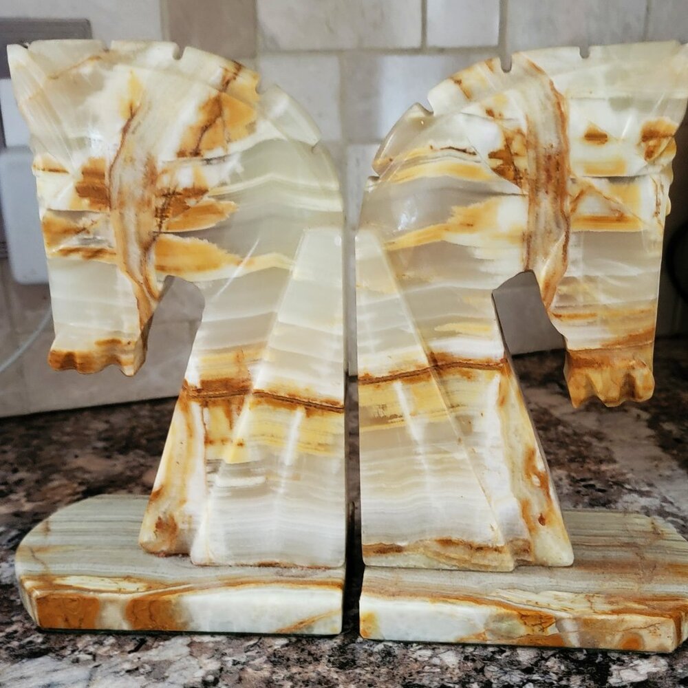 Vintage 1960s Trojan Horse Head Bookends Hand Carved Onyx /Marble Stone - Picture 3 of 3